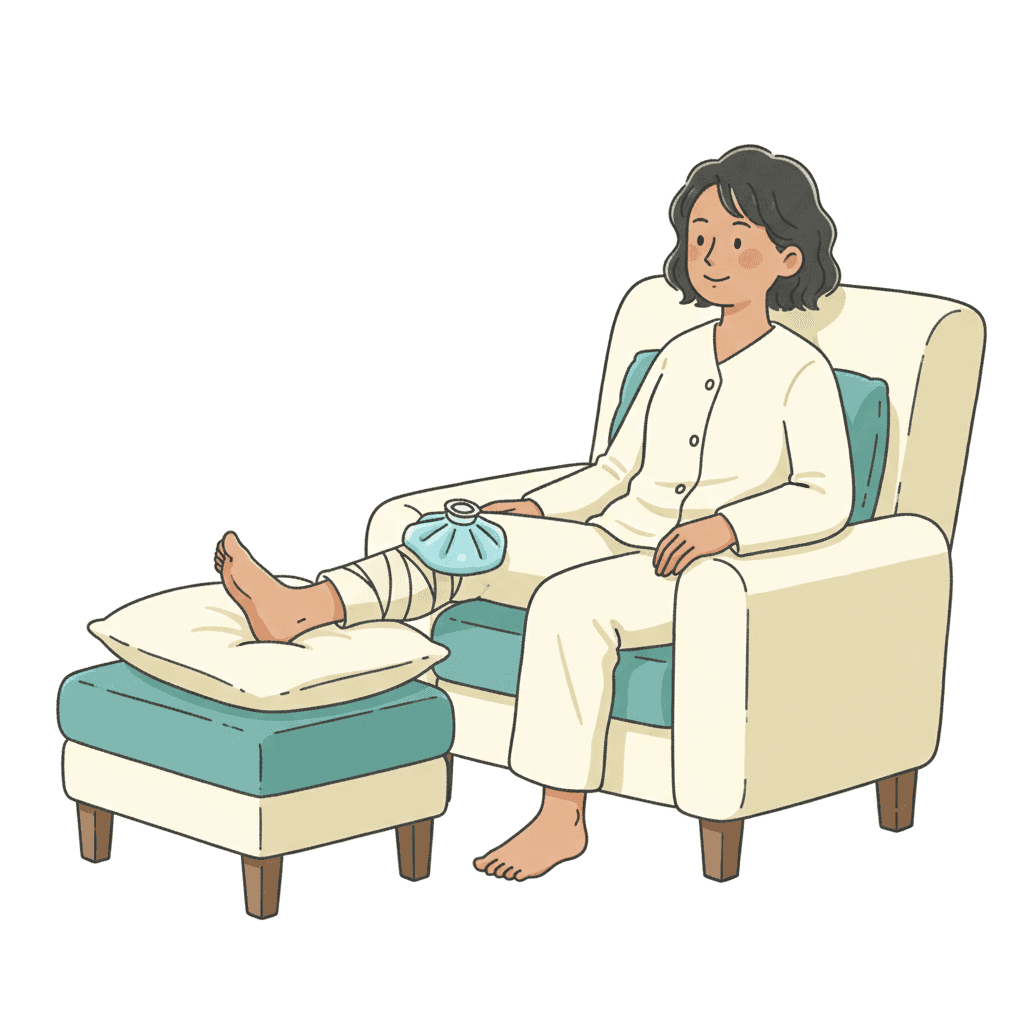 自宅で膝のRICE療法を行うイラスト