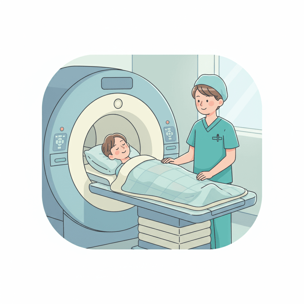 MRI検査を受ける患者と技師のイラスト。検査の流れがわかる