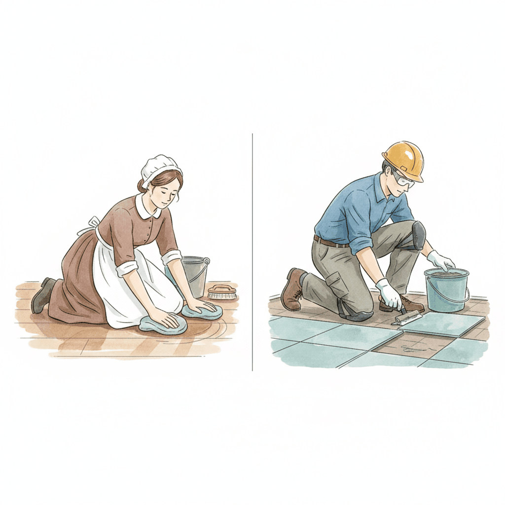 膝立ち作業を行う19世紀の女中と現代の建設作業員のイラスト(職業病としての膝蓋前滑液包炎)