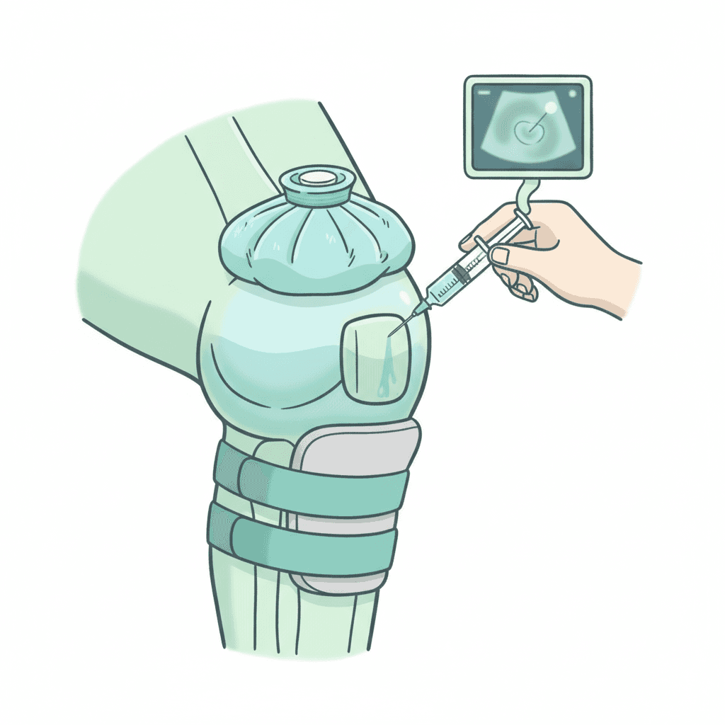 膝蓋前滑液包炎の治療を表現したイラスト(アイシング・超音波ガイド下穿刺・ニーパッドによる圧迫)