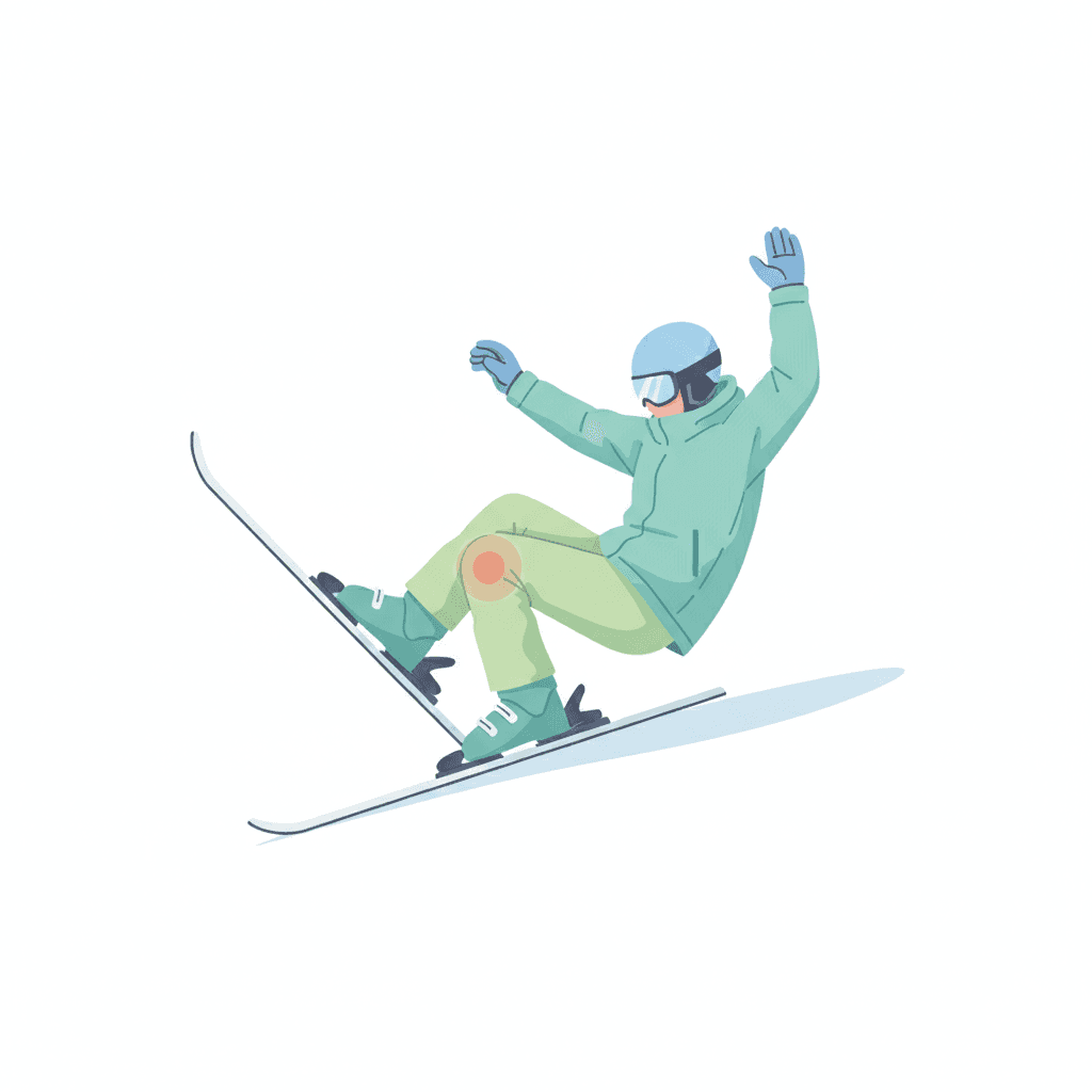 スキーで起こるphantom foot機転を示すイラスト。後傾姿勢でブーツとスキーが膝に捻りを加える様子