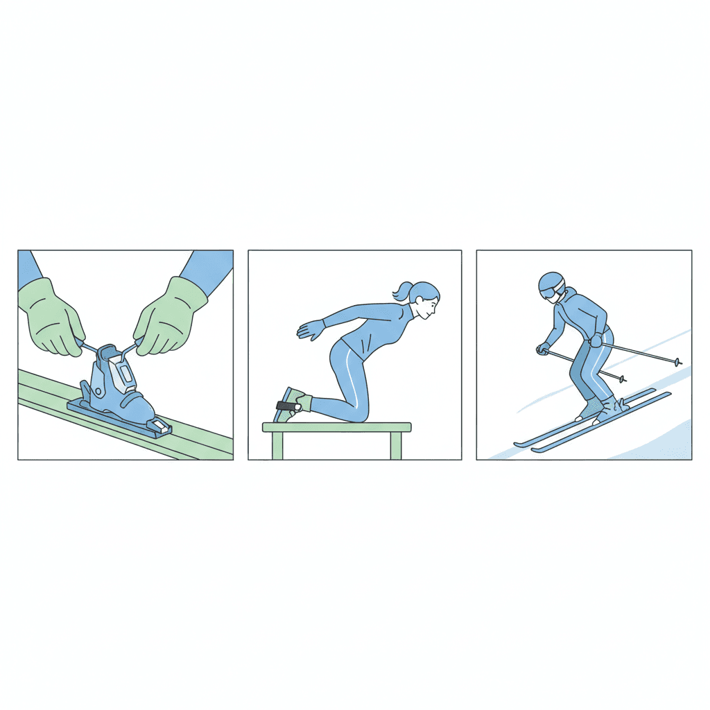 スキーの膝損傷予防の三本柱を表すイラスト。ビンディング整備、神経筋トレーニング、正しい滑走姿勢