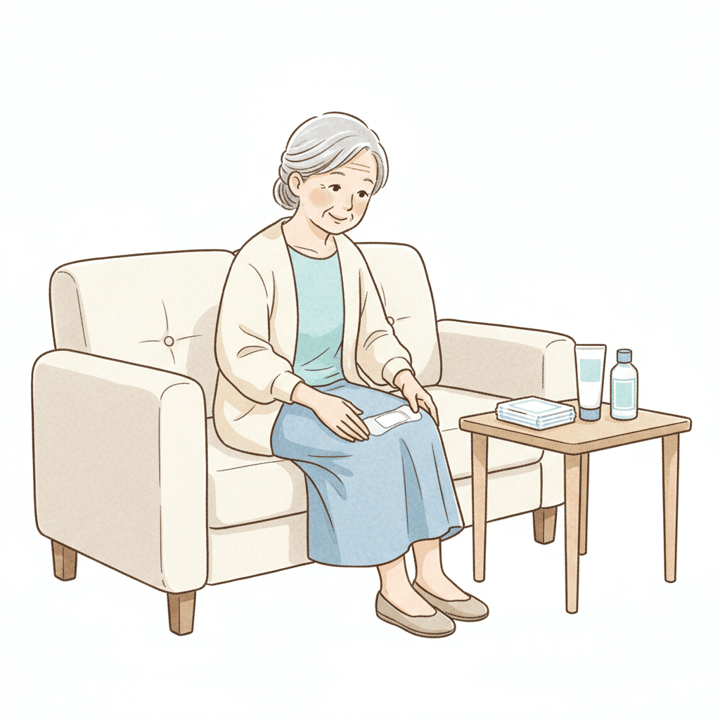 湿布・塗り薬・ゲル剤を使う高齢女性のイラスト