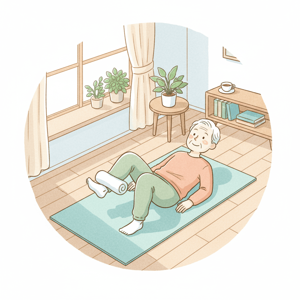 自宅で膝の再発予防のためにパテラセッティングを行う高齢者のイラスト