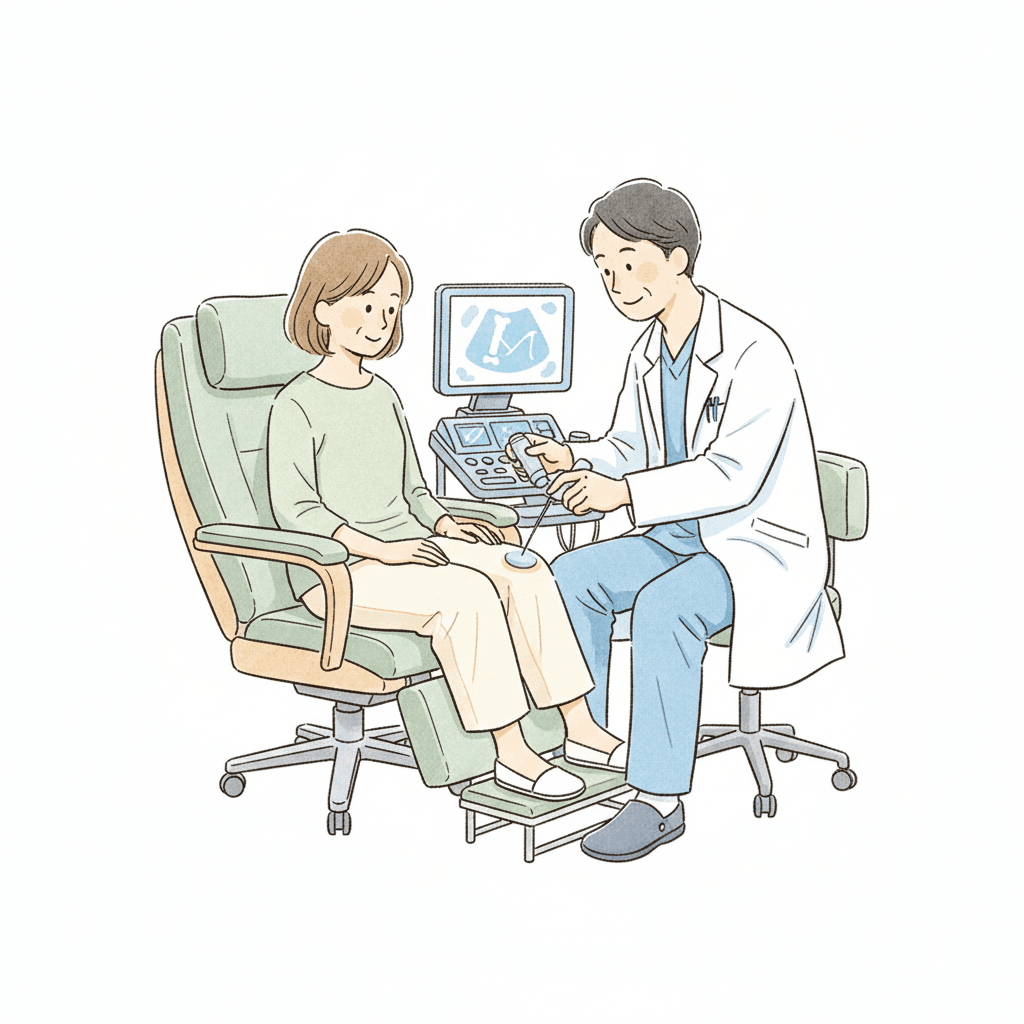 整形外科医がエコーガイド下で膝の関節穿刺を行うイラスト