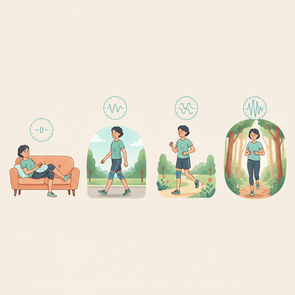 ランナー膝からの段階的ランニング復帰プロトコルを示すイラスト