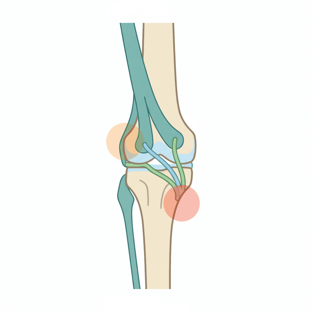 腸脛靭帯炎(膝外側)と鵞足炎(膝内側)の痛みの部位を示す解剖図