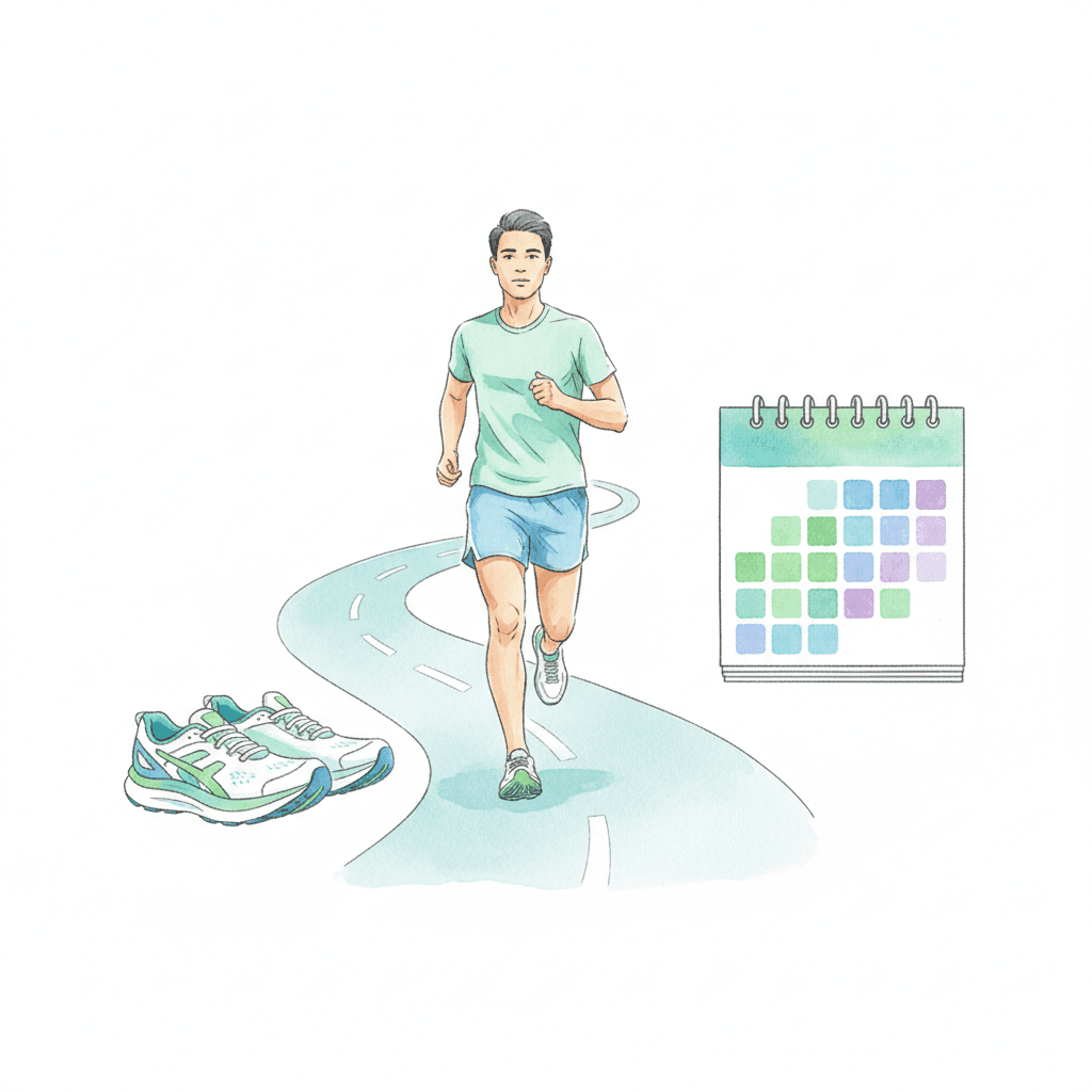 ランニングフォームとシューズ・練習計画を表すイラスト