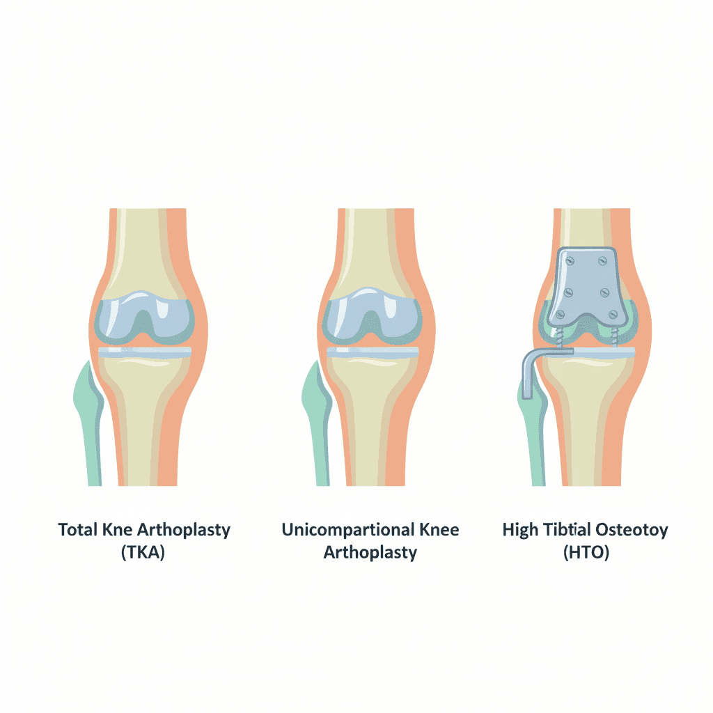TKA・UKA・HTOの3つの膝手術の比較イラスト