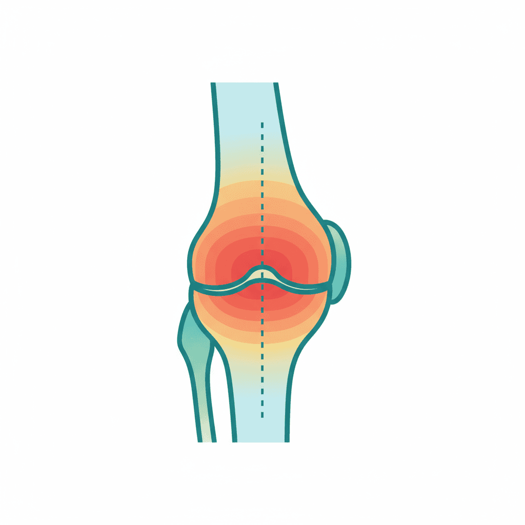 O脚による膝内側への荷重集中と内側コンパートメントの軟骨摩耗を示す図解