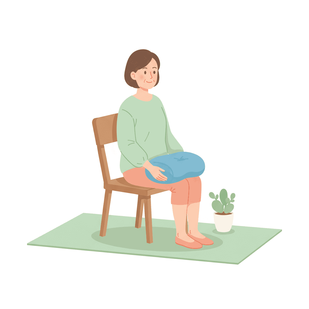 自宅でボールスクイーズを行い内転筋を鍛えてO脚を矯正する女性のイラスト