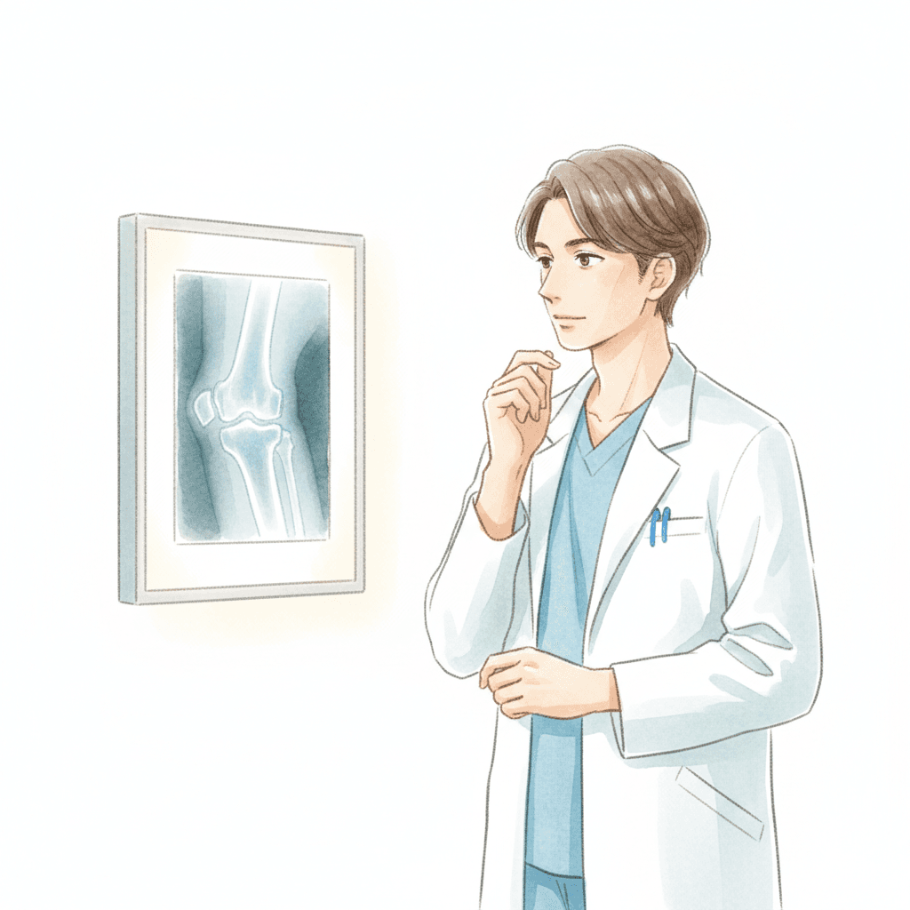 整形外科医が膝のレントゲンを長期フォローしているイラスト