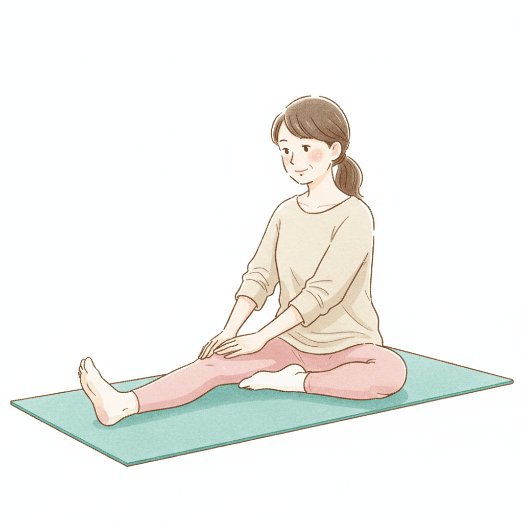 自宅で膝のストレッチをする中高年女性のイラスト