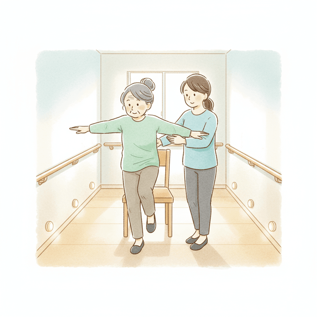 自宅で椅子を使ったバランス運動と住環境整備のイラスト