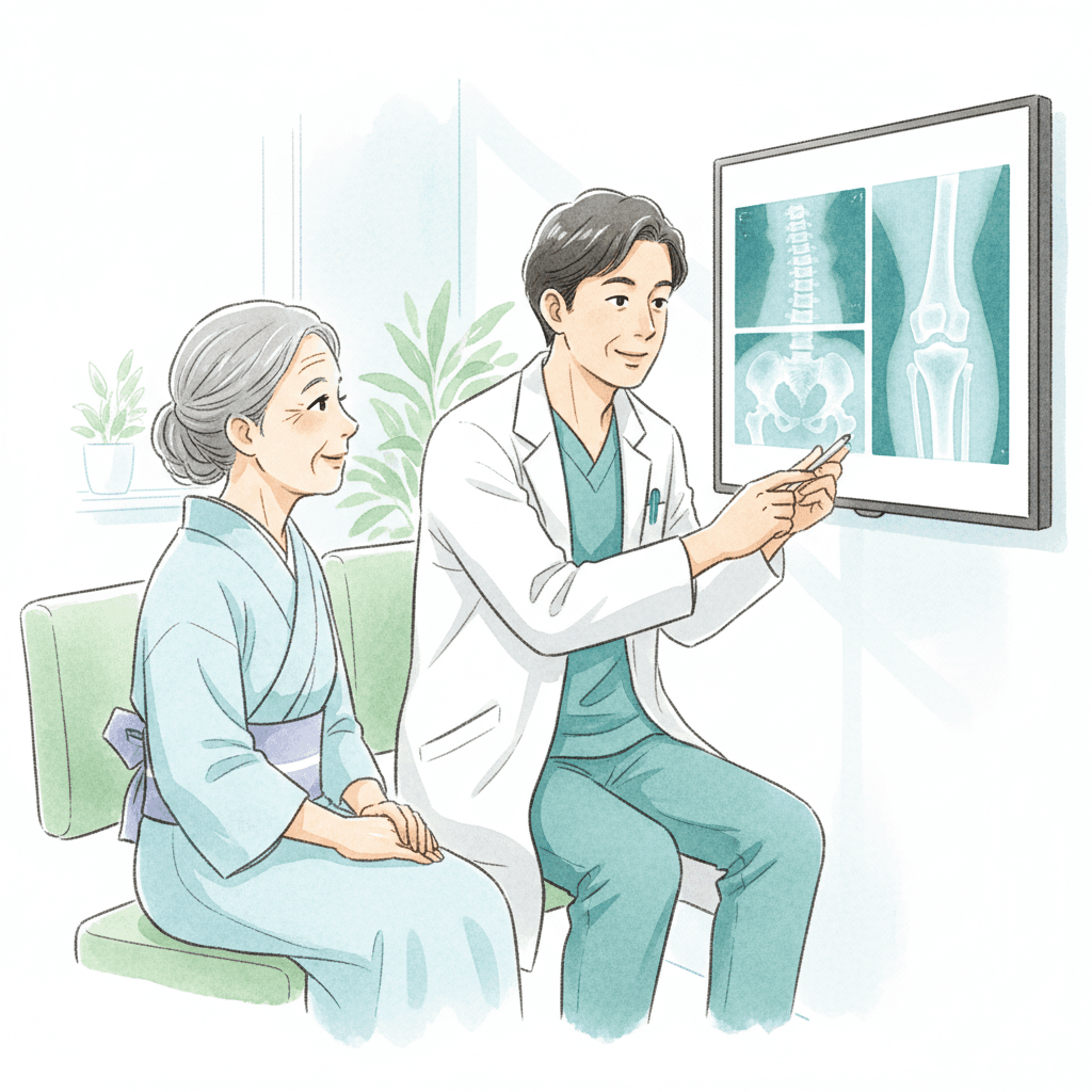 整形外科医が高齢患者に腰と膝のレントゲンを説明するイラスト