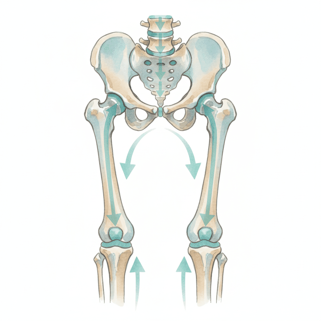 腰椎から骨盤・大腿骨・膝関節への運動連鎖を示すイラスト
