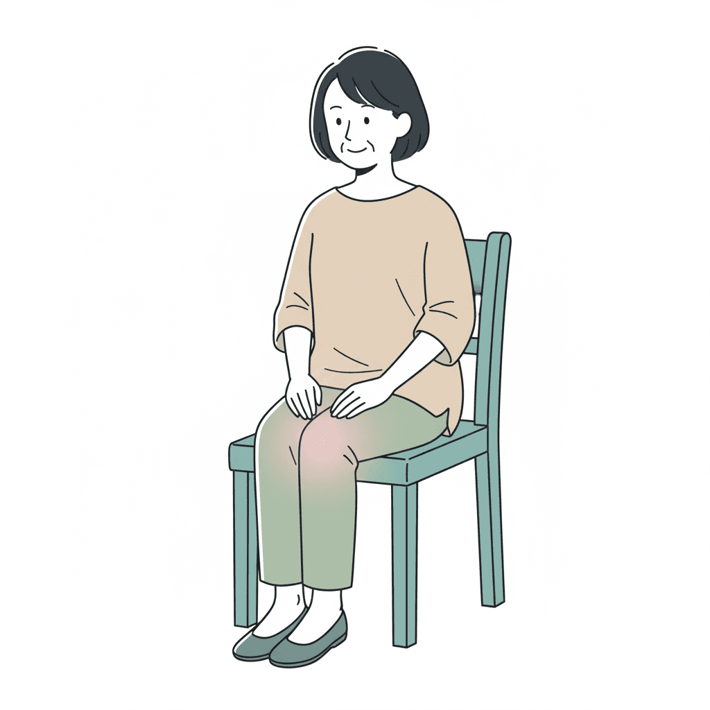 膝の外側を手で押さえる中高年女性のイラスト(外側型変形性膝関節症のイメージ)