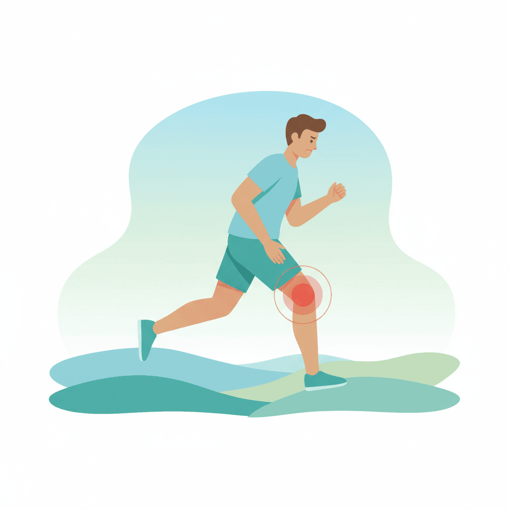 ランニング中に膝の外側を押さえる人のイラスト(腸脛靭帯炎・ランナー膝のイメージ)