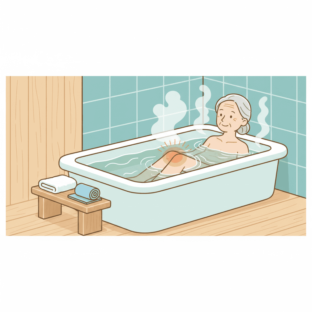 湯船につかりながら膝を温める温熱療法のイラスト