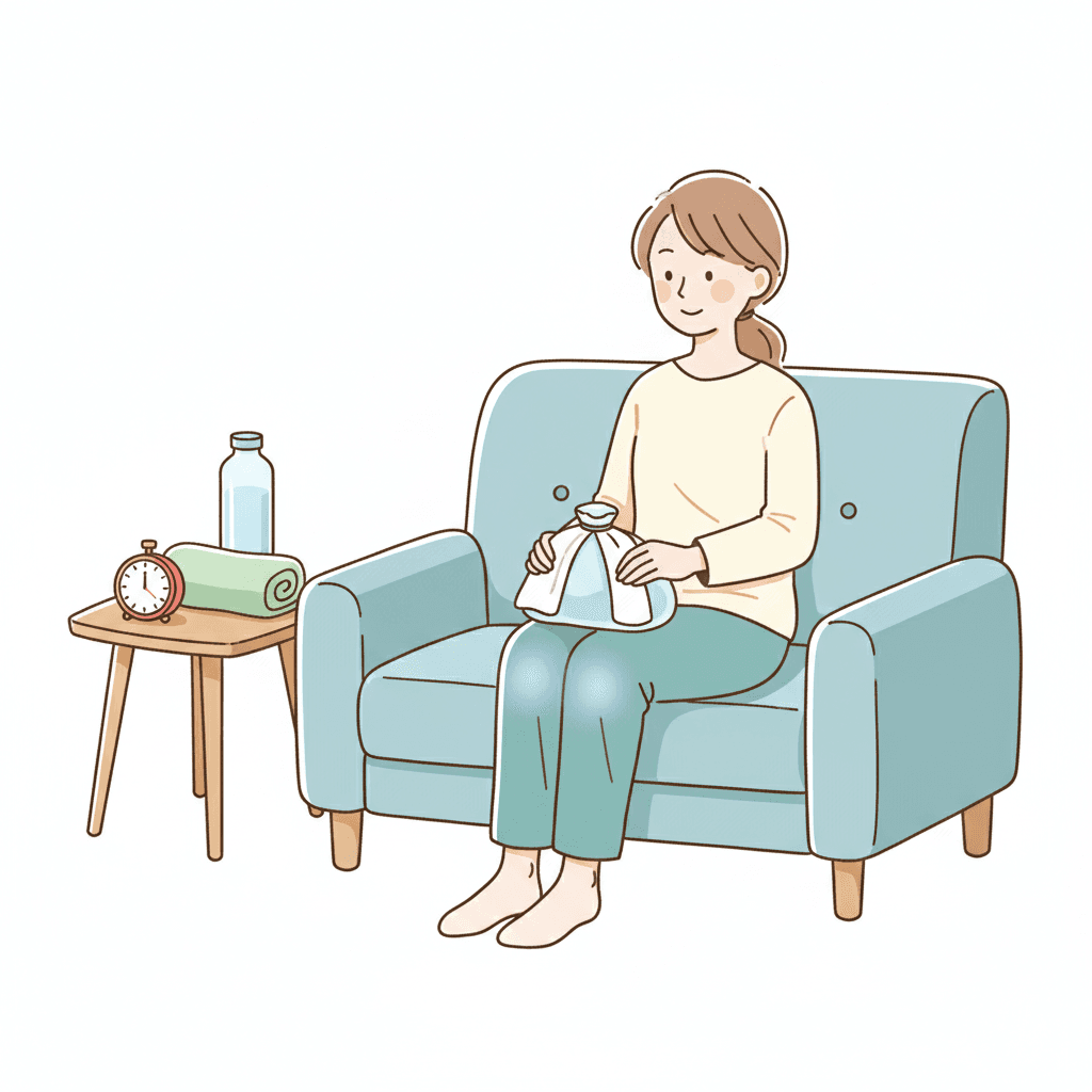 氷のうをタオルで包んで膝を冷やすアイシングのイラスト