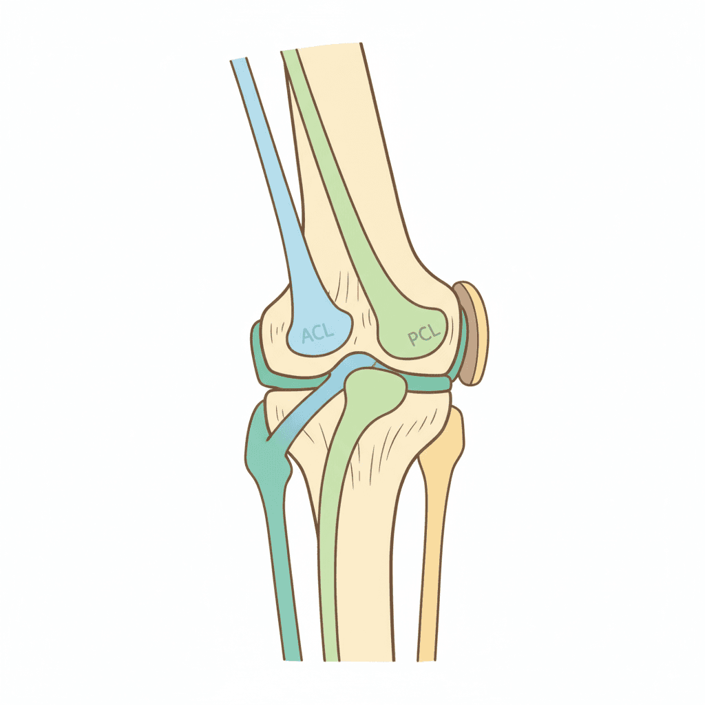 膝の4大靭帯(ACL・PCL・MCL・LCL)の位置関係を示す解剖図