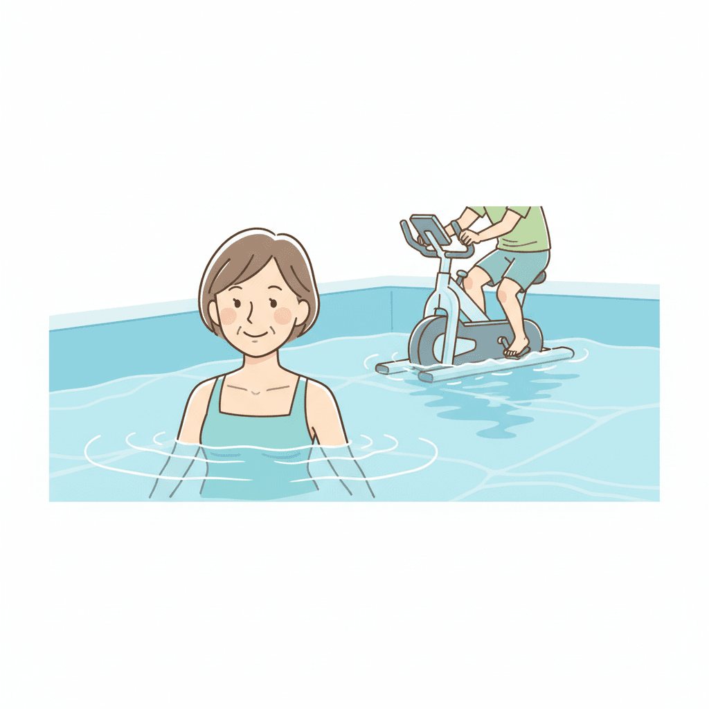 膝にやさしい水中ウォーキングとエアロバイクのイラスト