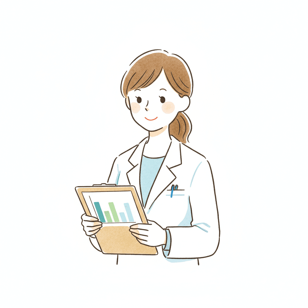 STEP 9試験の結果をイメージした、医師が研究結果を説明するイラスト