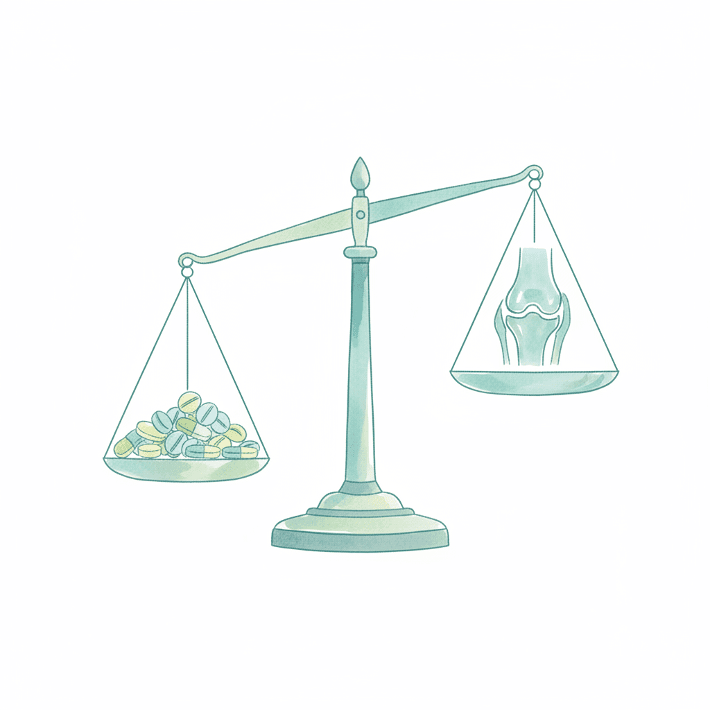 SGLT2阻害薬と膝OAの評価が分かれている様子を天秤で表現したイラスト