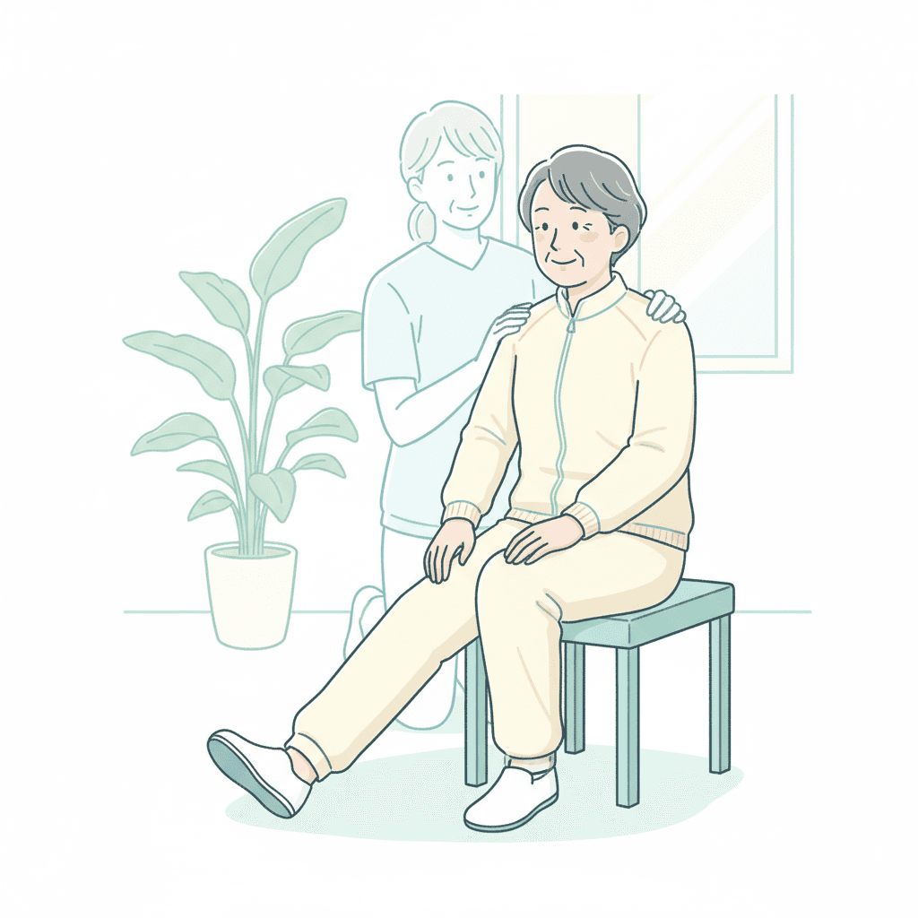 60代が自宅で膝の痛みに配慮した運動をするイラスト