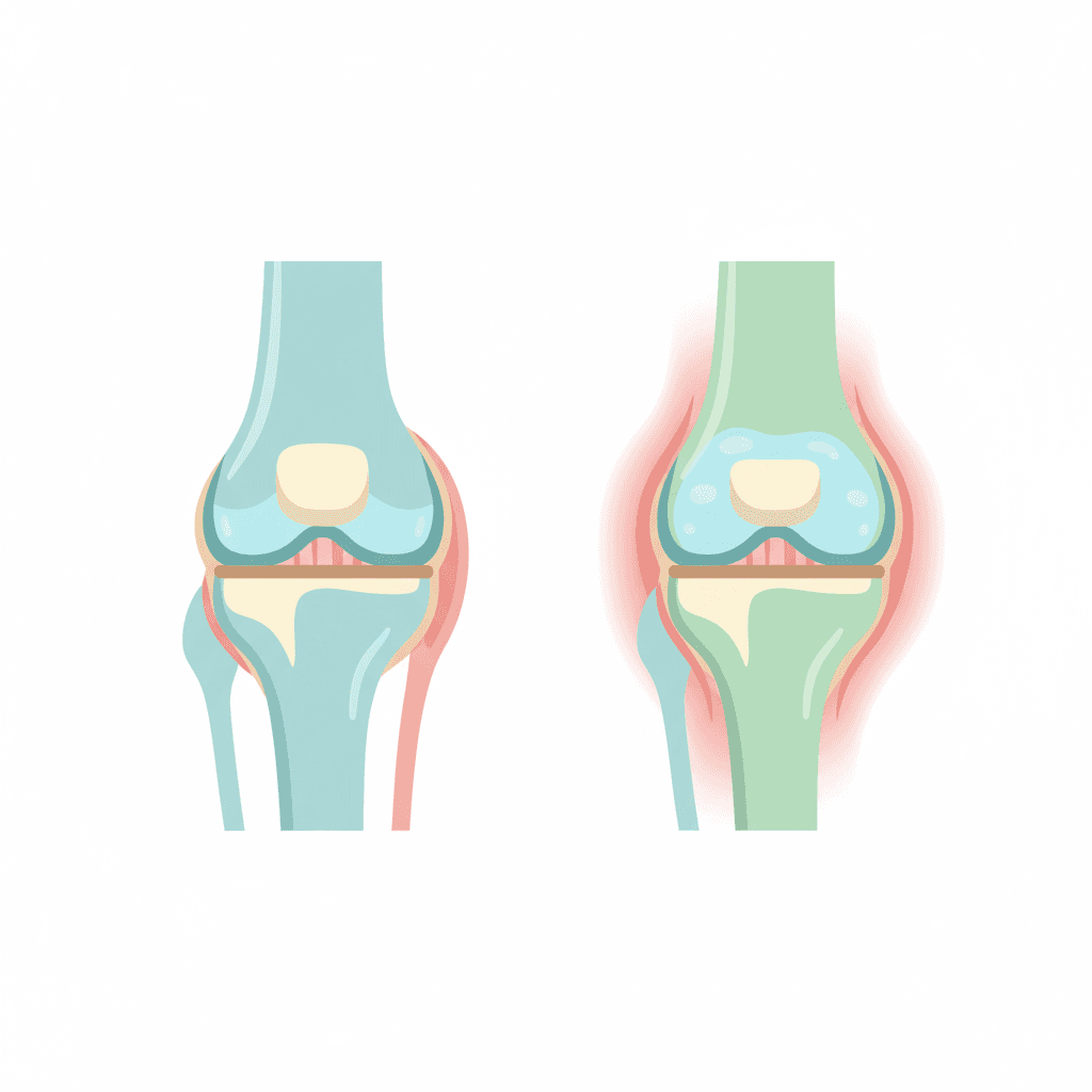 膝が腫れて熱を持つ状態と健康な膝を比較したイラスト