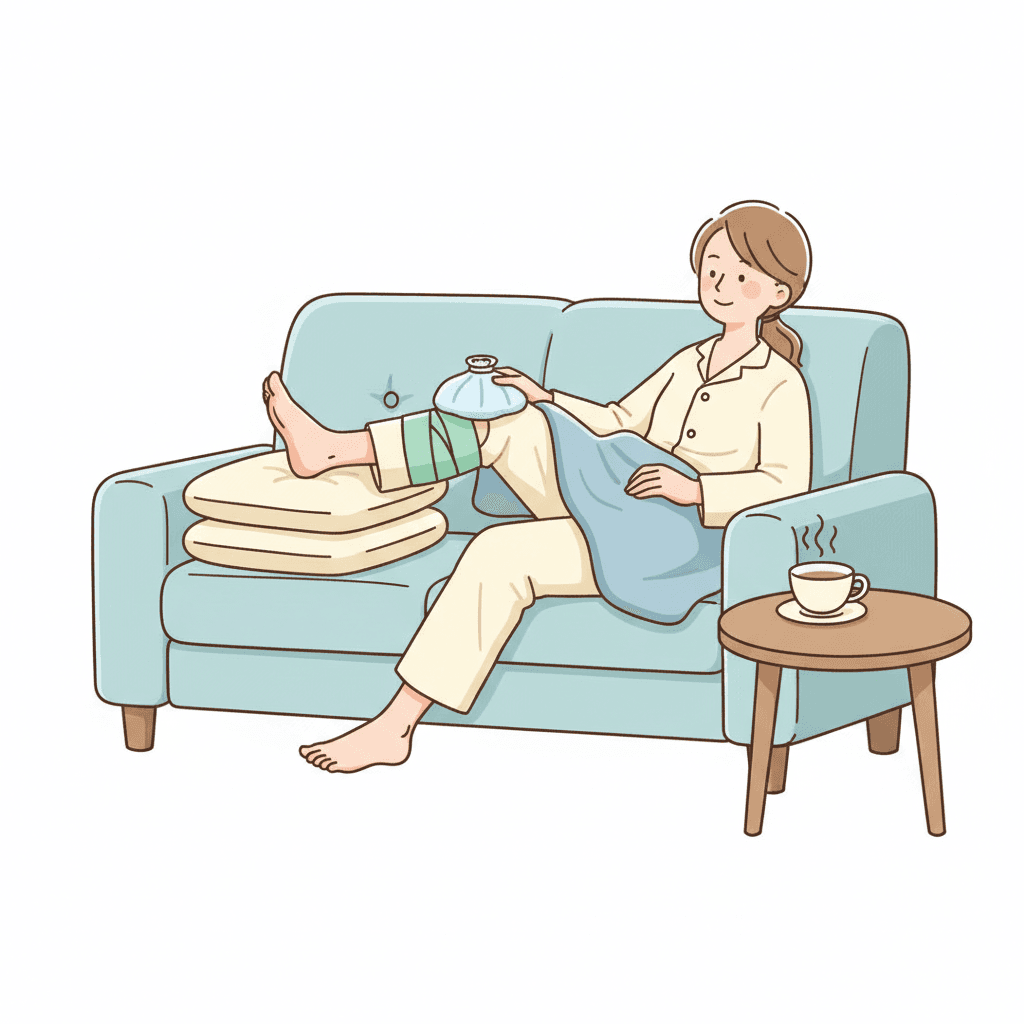 膝を高く上げてアイシングと圧迫をしているRICE処置のイラスト