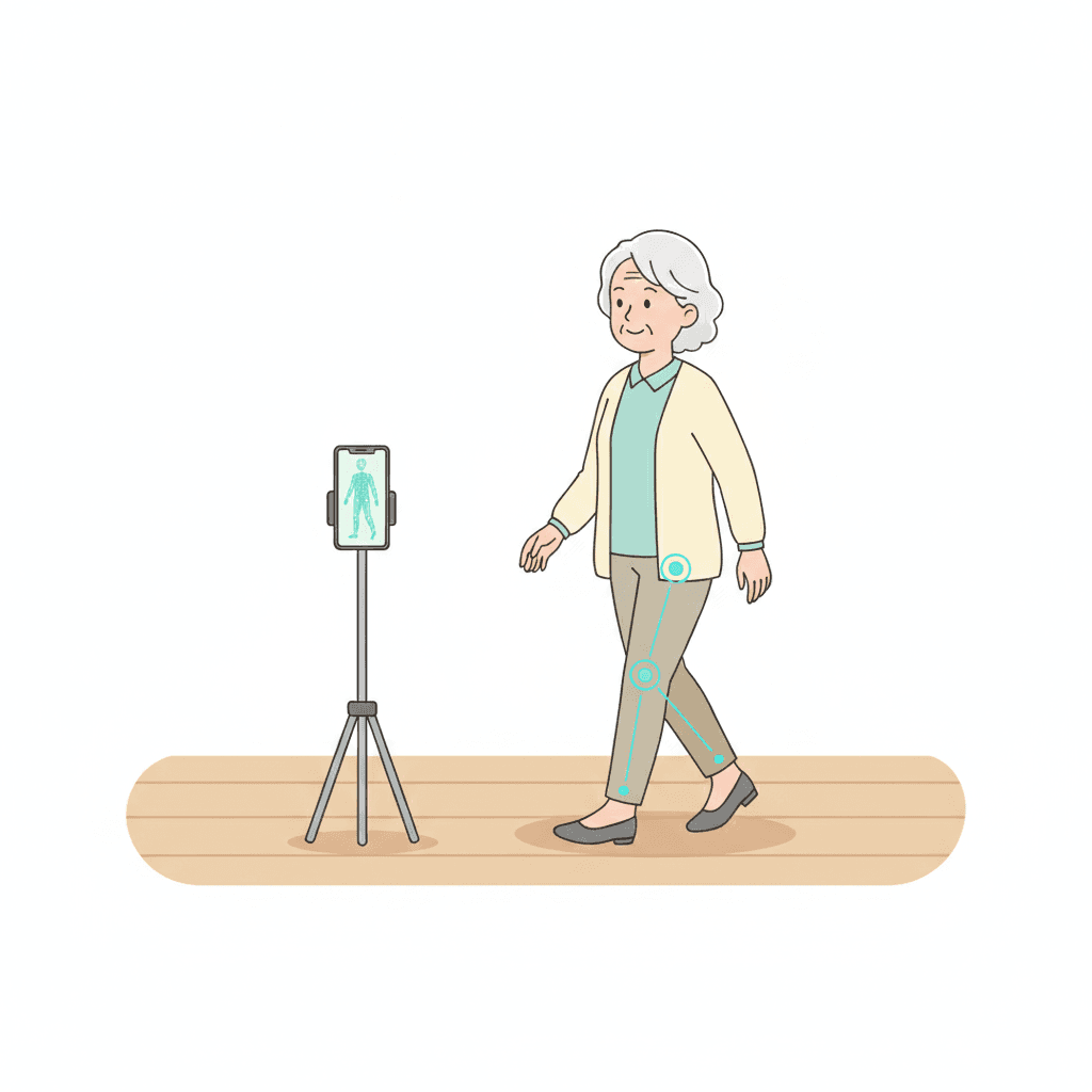 スマートフォンのAIアプリで高齢女性の歩行を解析しているイラスト