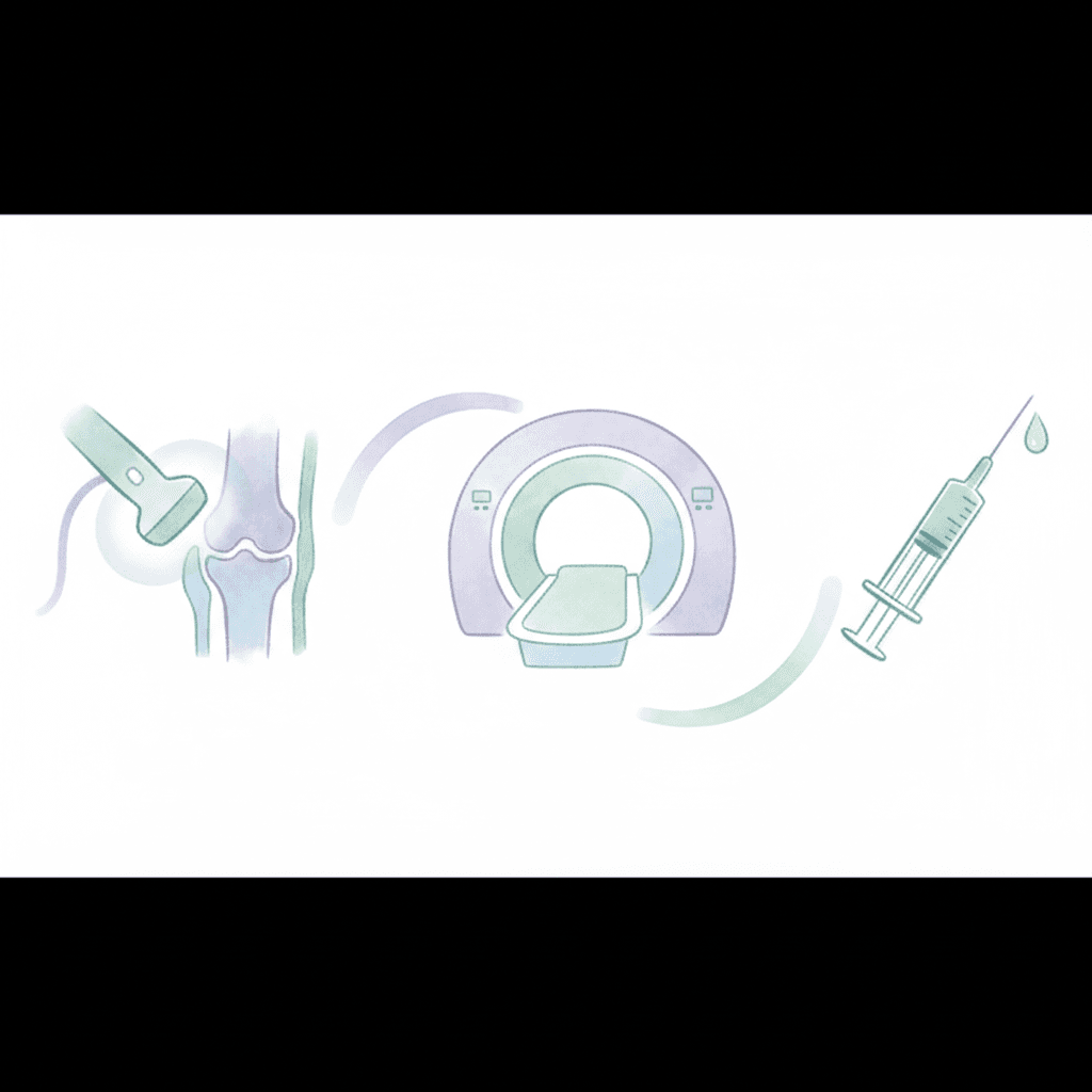 膝の滑膜炎を診断するエコー・MRI・関節穿刺の流れを示すイラスト