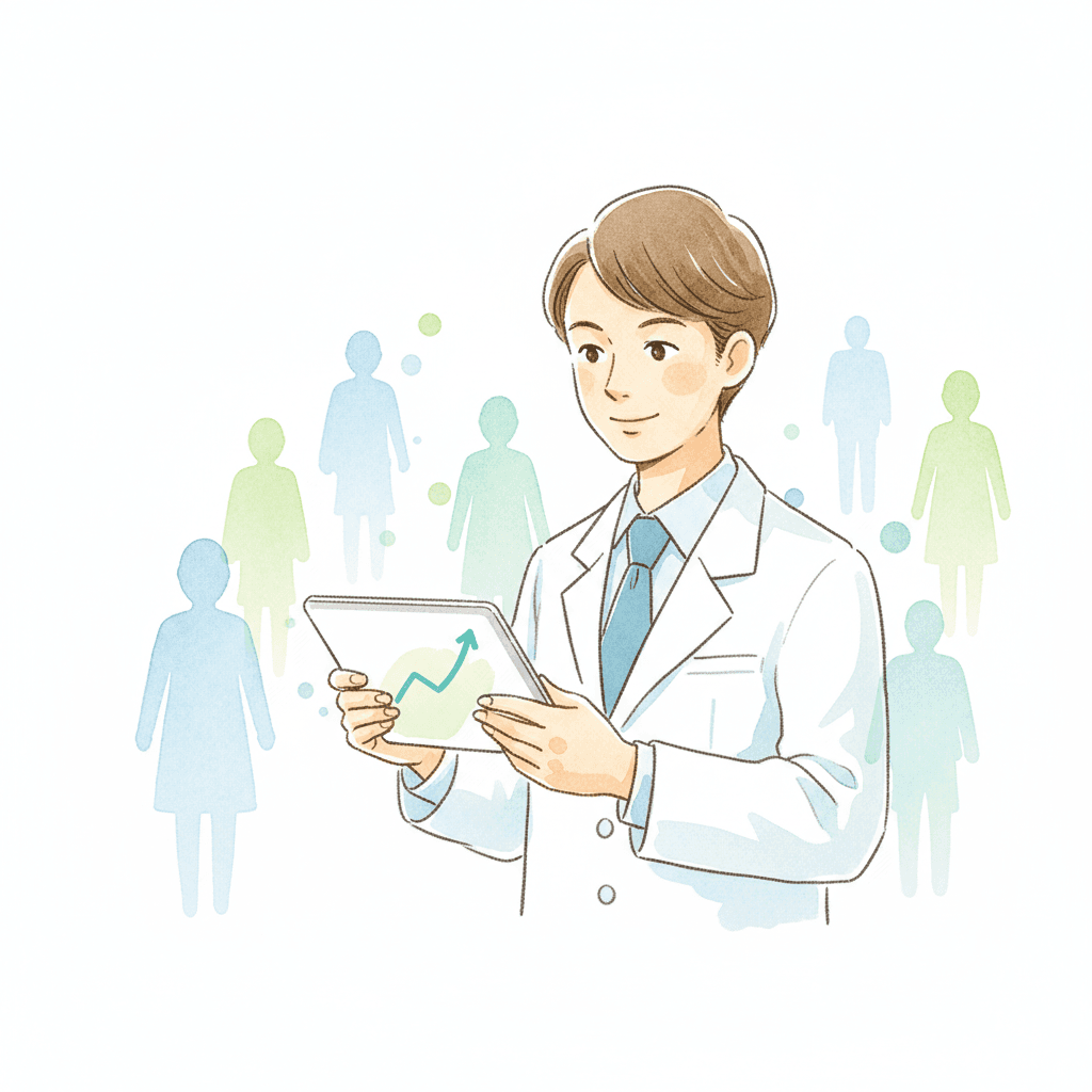 膝OA新薬LEVI-04の第Ⅱ相試験結果をイメージした、518名の参加者と改善グラフのイラスト