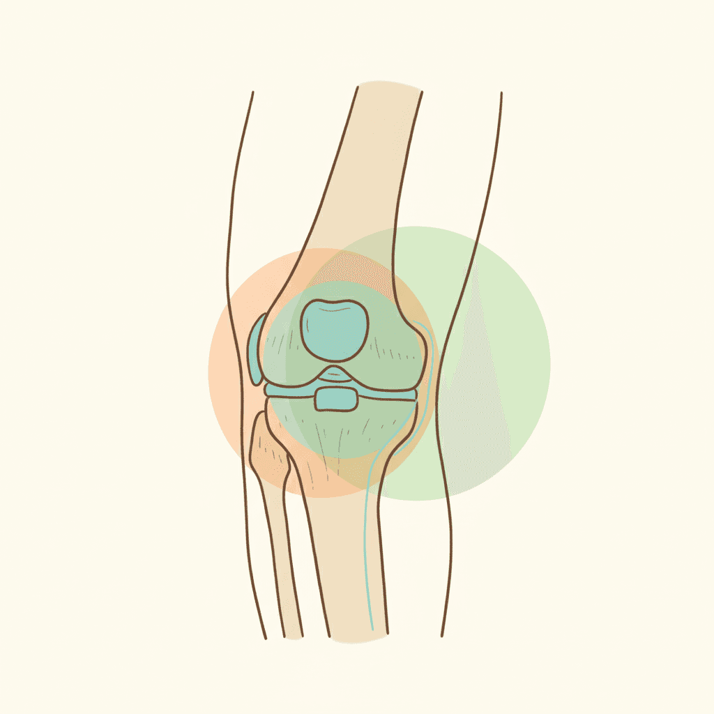 膝の曲げ伸ばしで痛む代表的な部位(半月板・軟骨・滑液包・膝窩部)を示した解剖図イラスト
