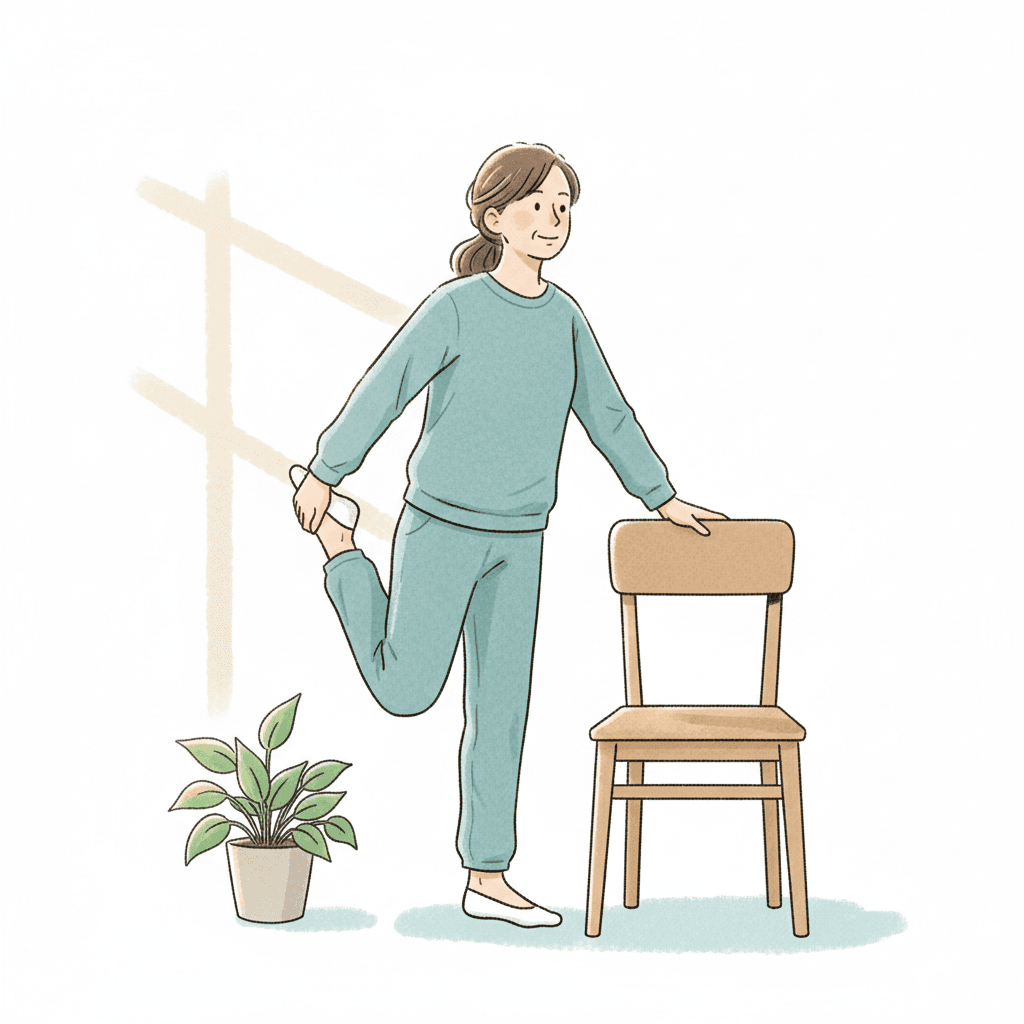 自宅で大腿四頭筋ストレッチを行う女性のイラスト