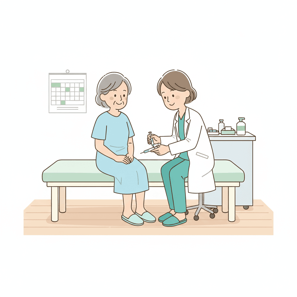 週1回のヒアルロン酸注射を外来で受ける高齢患者のイラスト