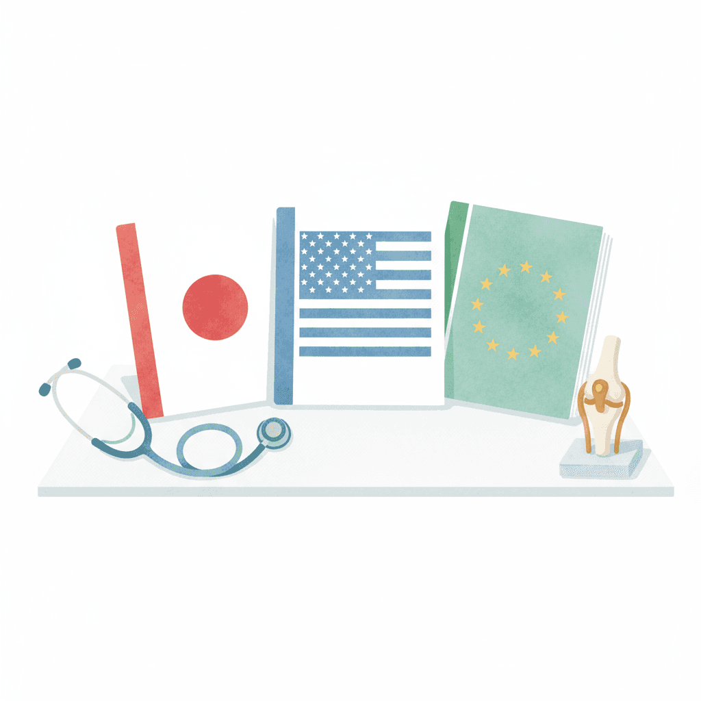 日本・米国・欧州のガイドライン資料を俯瞰するイラスト