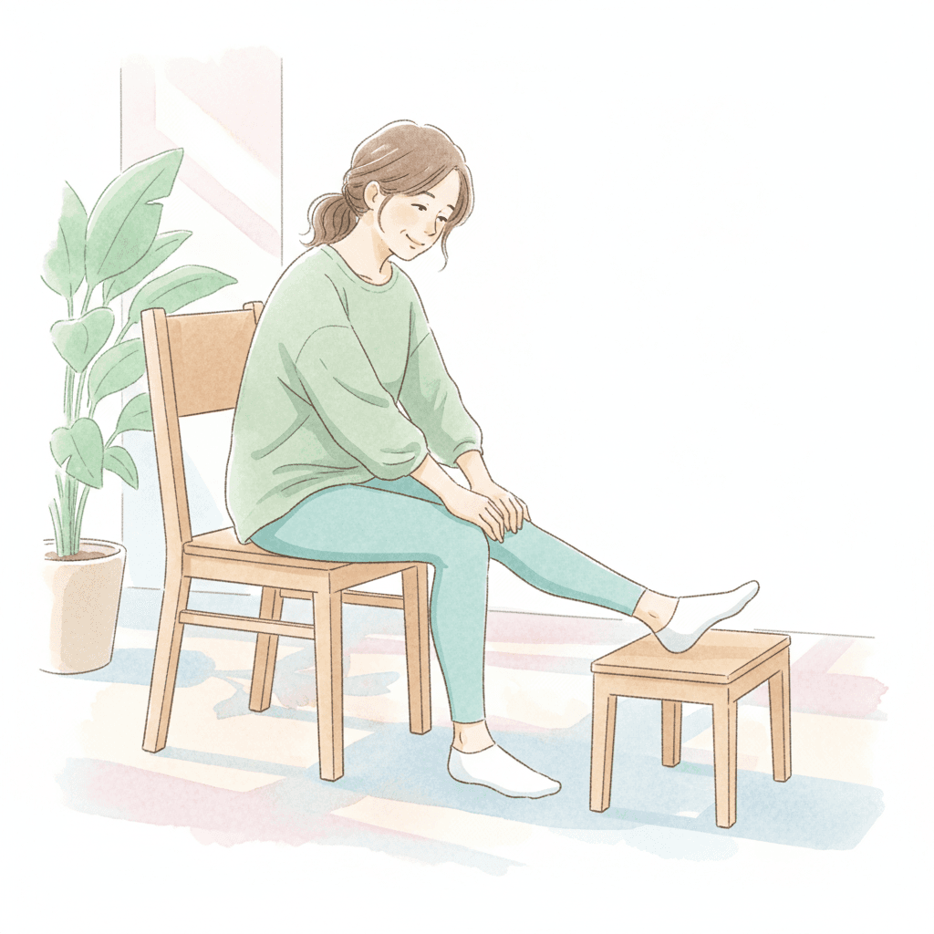 椅子に座って膝裏と太もも裏を優しくストレッチするイメージ