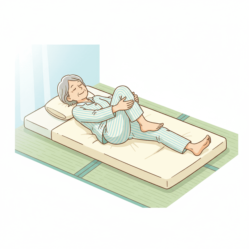 布団の中で仰向けになり膝をゆっくり曲げ伸ばしするストレッチのイラスト