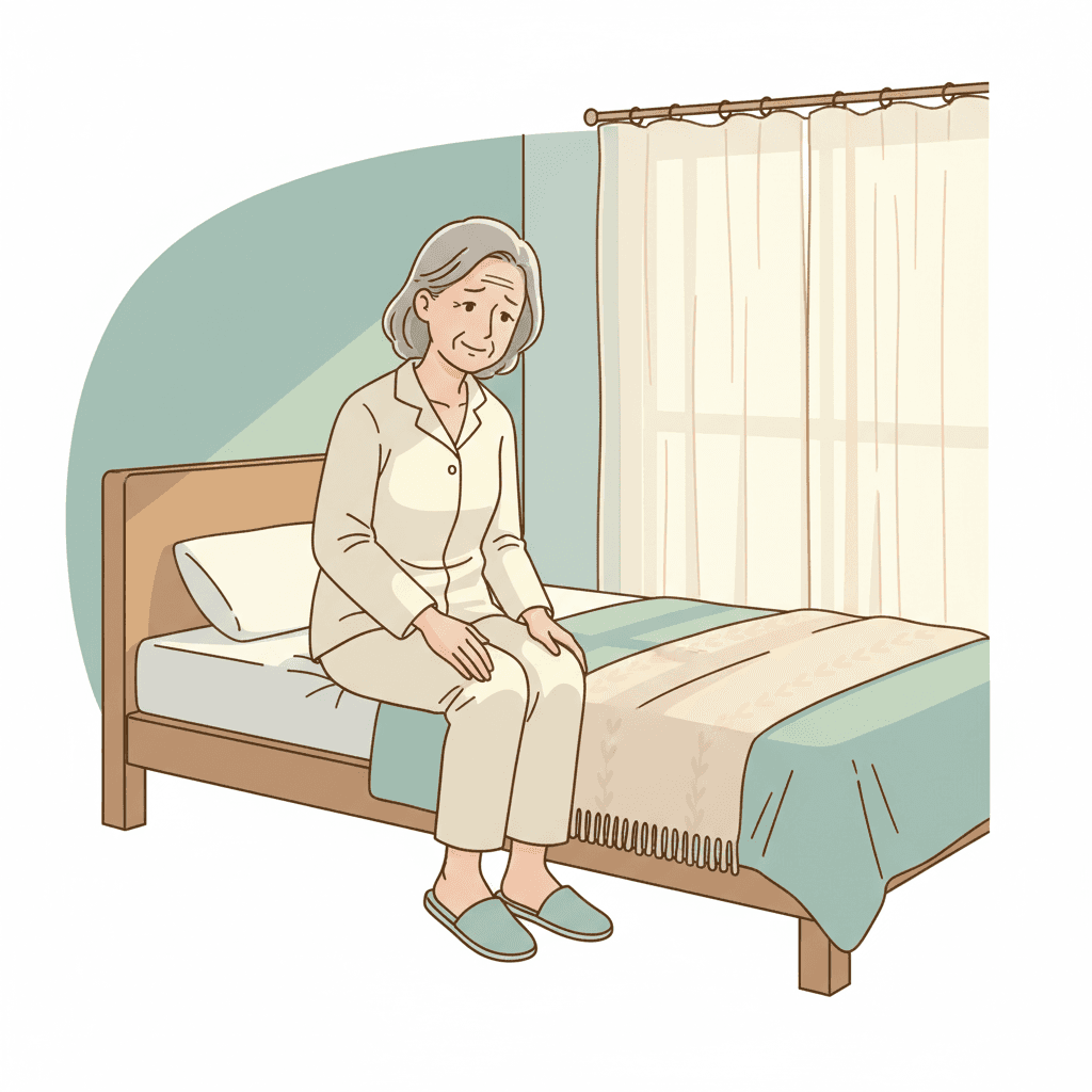 朝起きてベッドの端で膝のこわばりを感じるシニア女性のイラスト