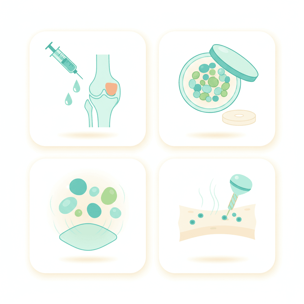 軟骨再生医療の4つの治療法を示す医療イラスト
